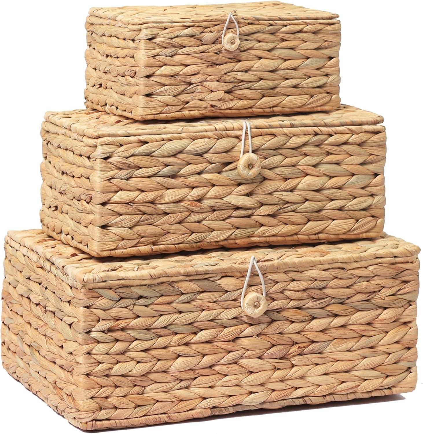 Set of 3 Wicker Storage Baskets with Lid, Large Rectangular Rattan Basket Decorative Boxes 15"L x... | Amazon (US)