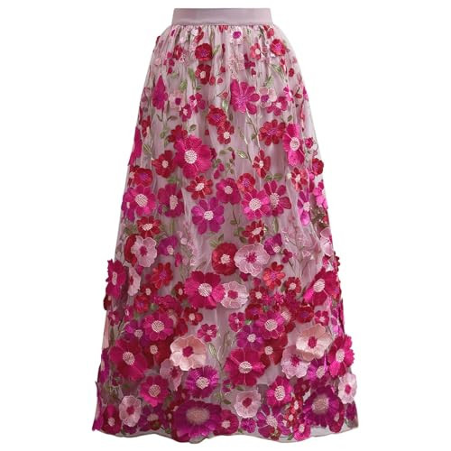 CHICWISH Women 3D Floral Applique Embroidery Maxi Skirt Elastic High Waist A-Line Garden Party Mesh Tulle Skirt Magenta | Amazon (US)