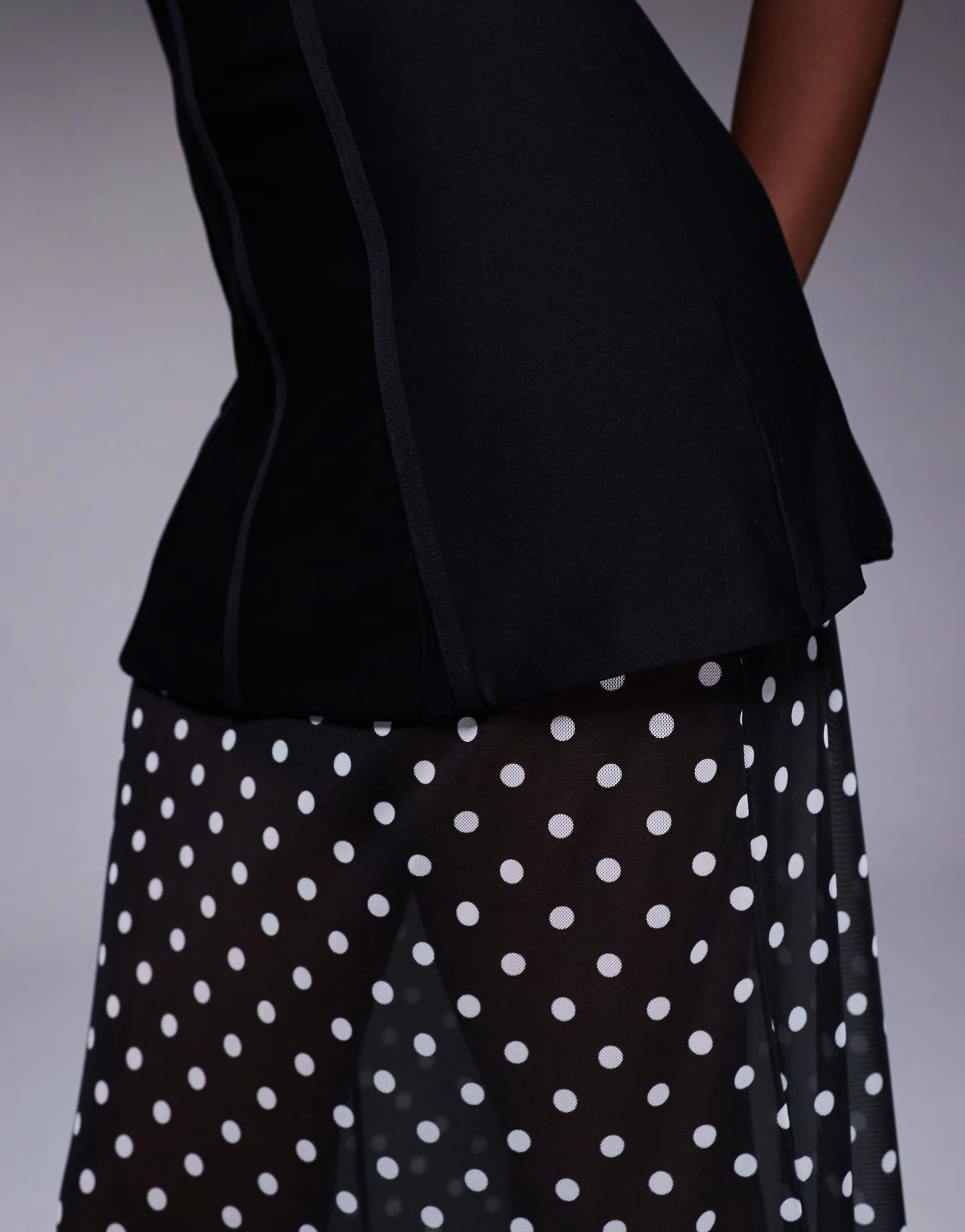 Kaiia exclusive structured bandeau contrast skirt sheer hem maxi dress in mono polka dot | ASOS (Global)