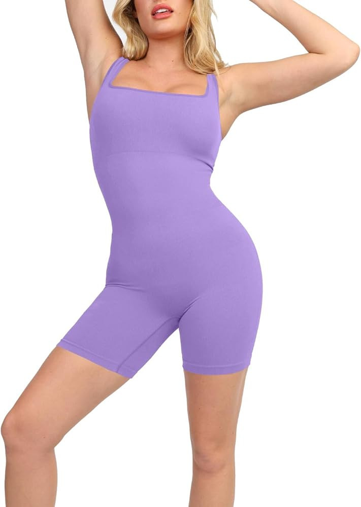 Popilush The Shapewear Jumpsuits for Women Built - in Bra Square Neck Rompers Shorts Bodycon Body... | Amazon (US)