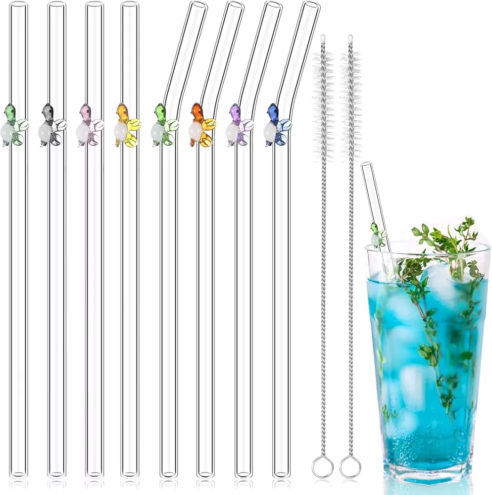 6 Pcs Glass Straws Shatter Resistant,Cute Green Turtle on Clear Straws With  Design 7.9in X 8mm Reusable Bent Drinking Straws with 2 Cleaning Brushes
