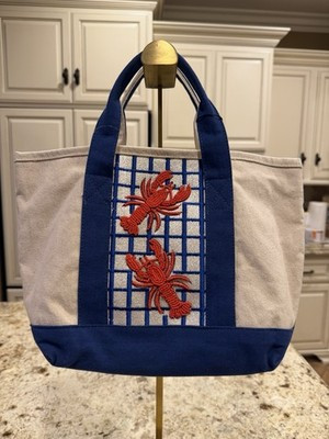 America & Beyond Beaded Embroidered Lobster Tote Bag Beige Blue Snap Closure | eBay | eBay US