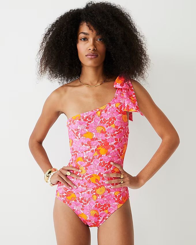 Bow one-shoulder one-piece swimsuit in pink limone print | J.Crew US