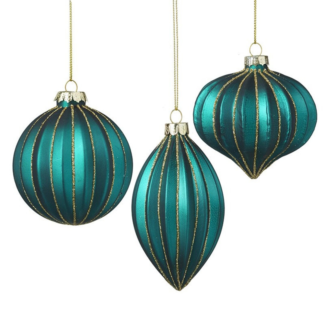 Dark Aqua & Gold Glass Christmas Tree Baubles set of 3 Festive Winter Decoration Ornament Classy ... | Etsy (US)