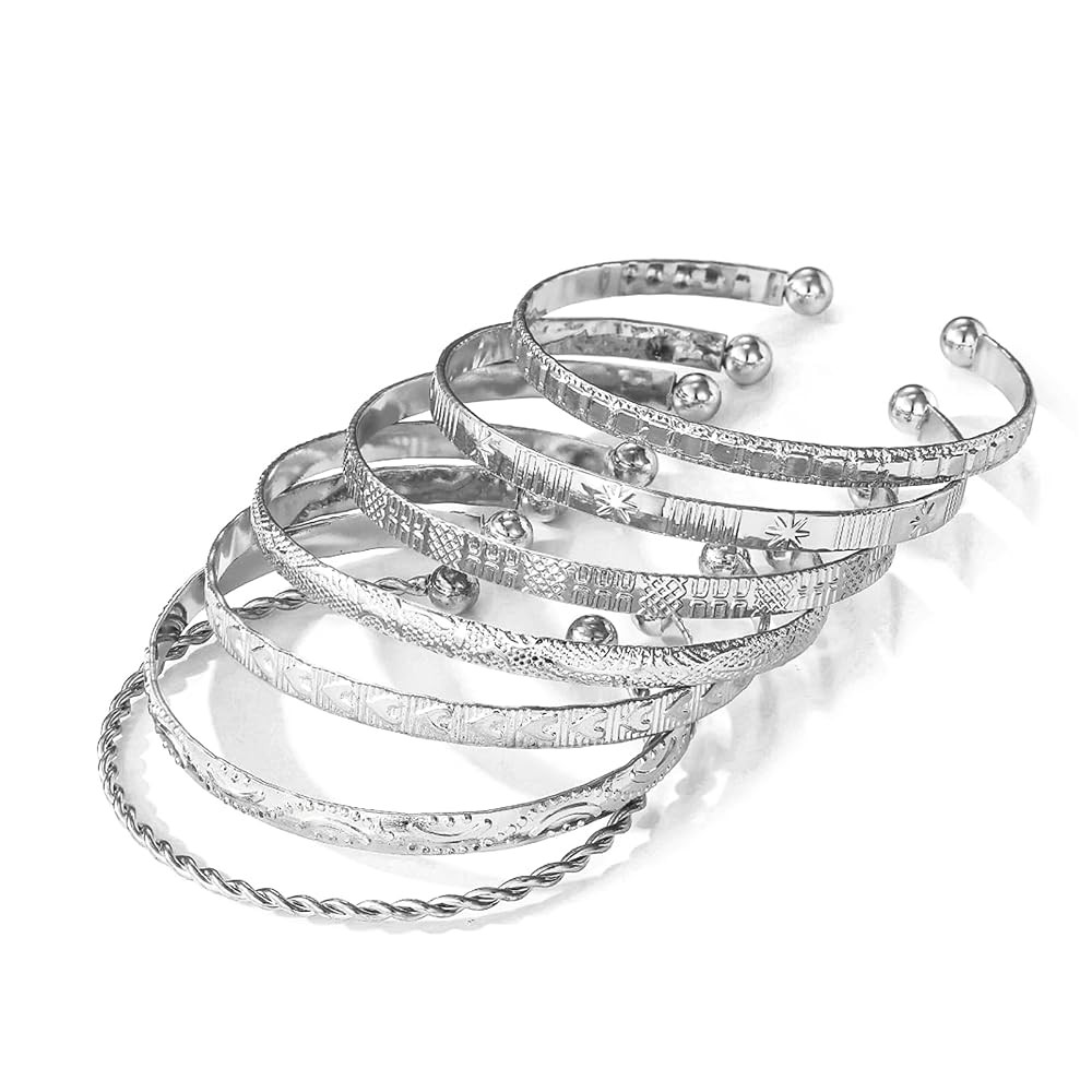 17IF Silver Bangle Bracelet For Women 14k Plated Multi Layer Cuff Bracelets Set Trendy Boho Textu... | Amazon (US)