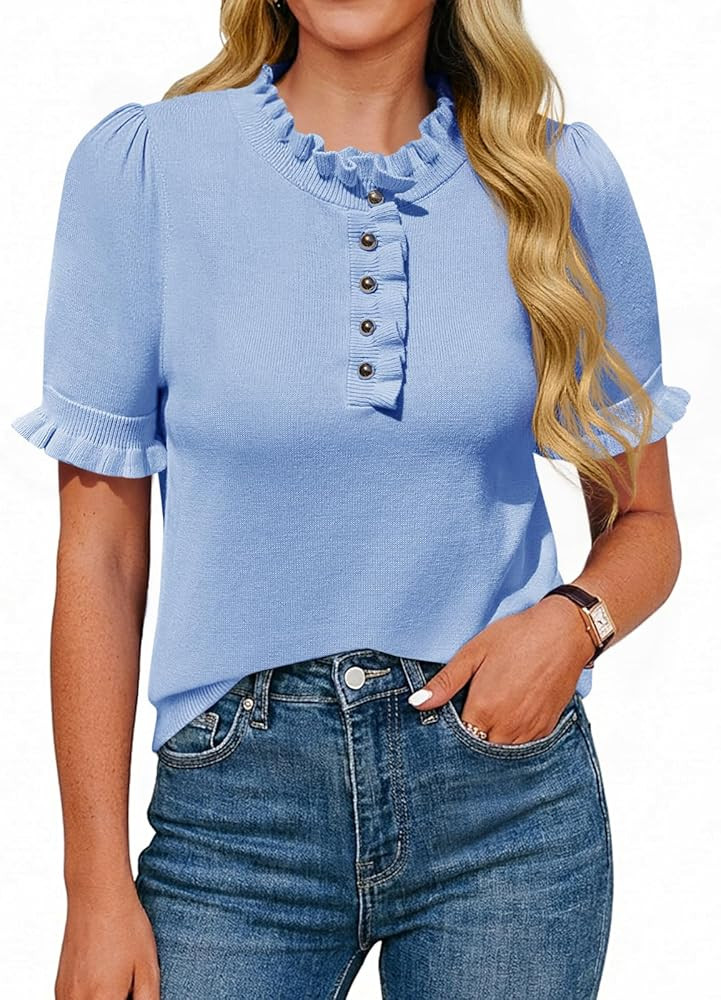 Cicy Bell Womens Puff Short Sleeve Sweater Tops Ruffle Henley Neck Spring Summer Pullover Dressy ... | Amazon (US)