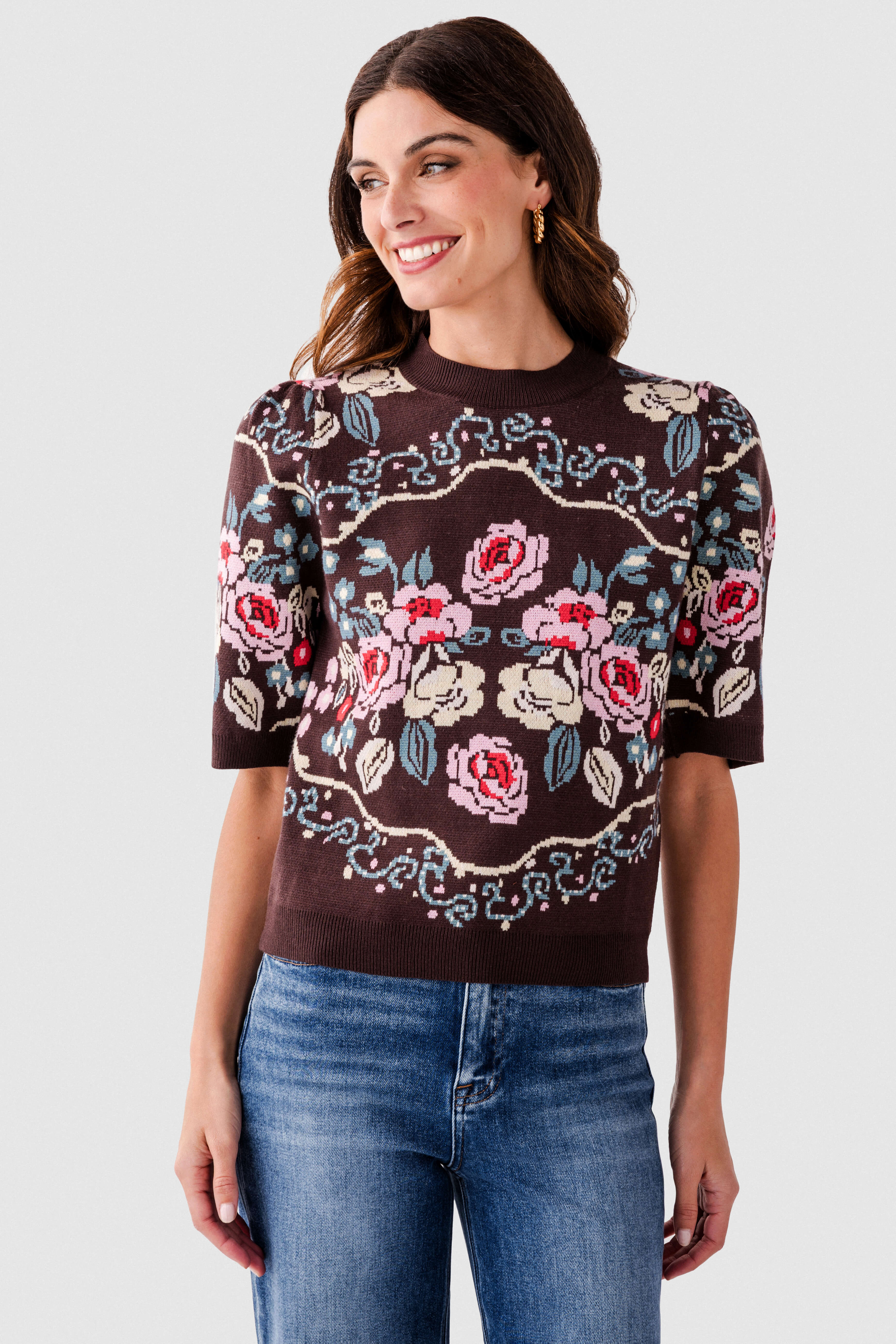 THML Flower Print S/S Sweater Top | Social Threads
