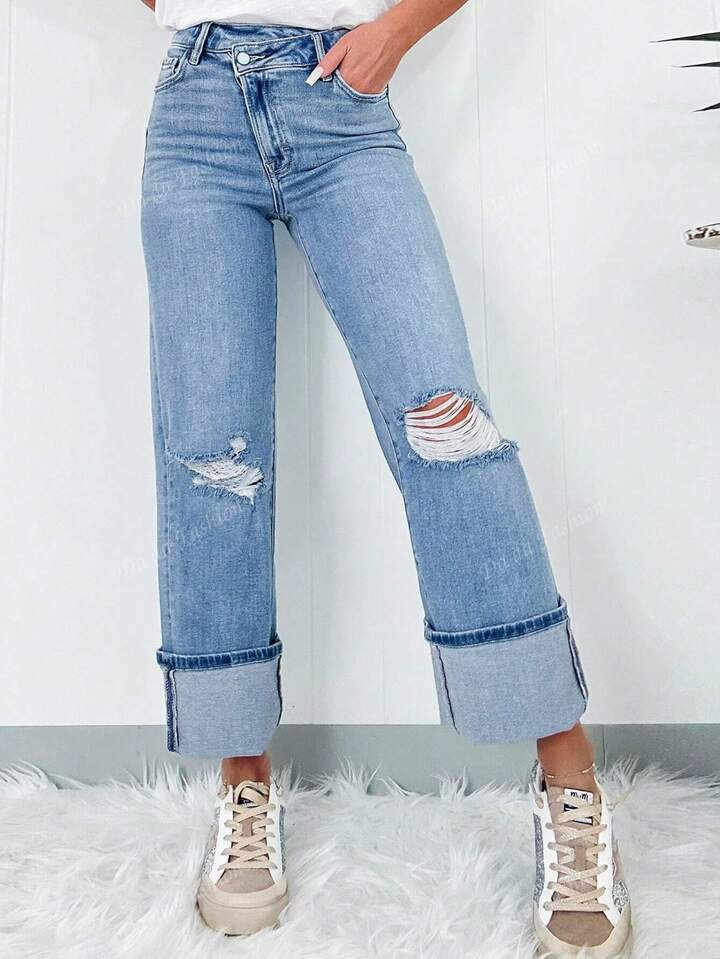 Women's Fashionable, Solid Color, Simplistic, Distressed Denim Jeans | SHEIN