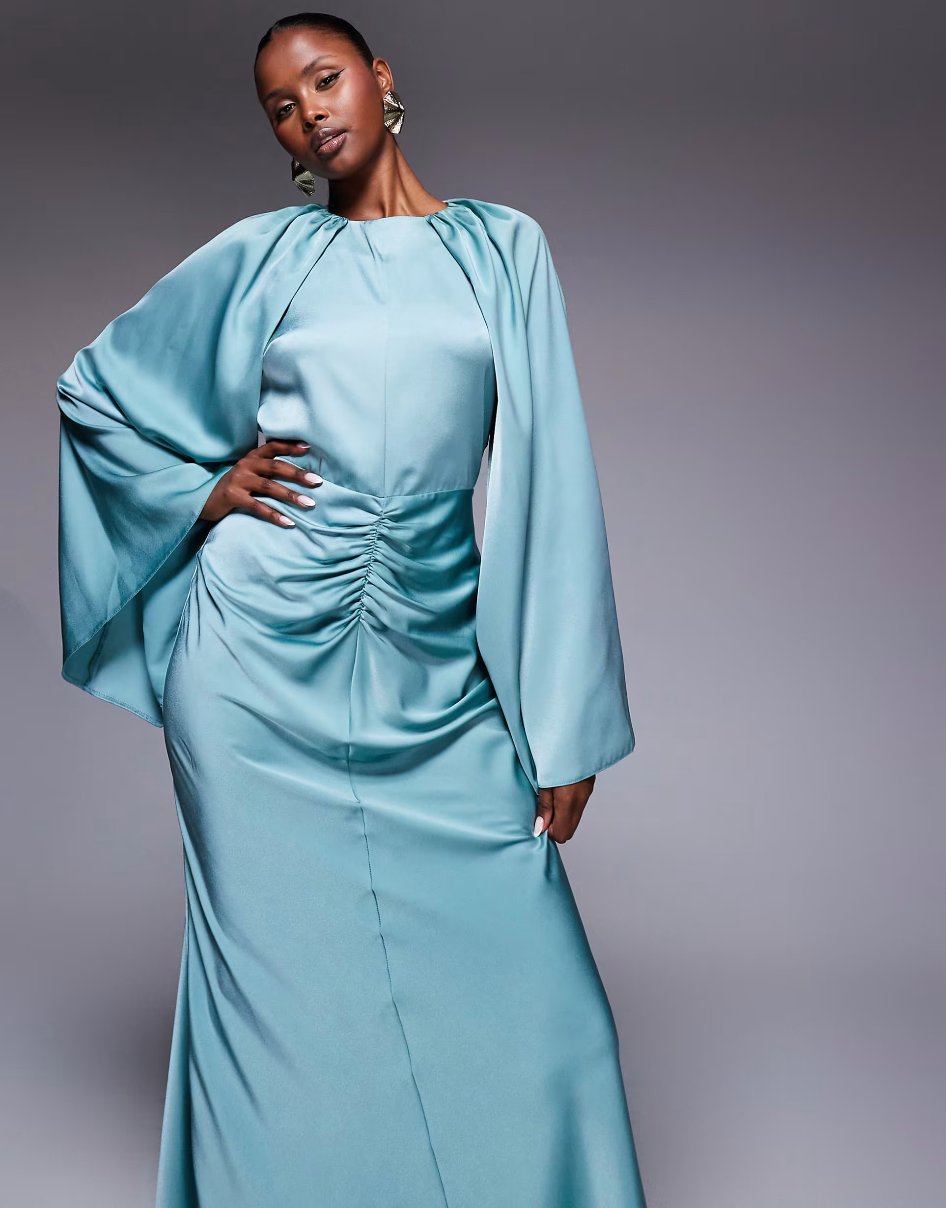 ASOS DESIGN satin long sleeve maxi dress with central ruched skirt in pale blue | ASOS | ASOS (Global)