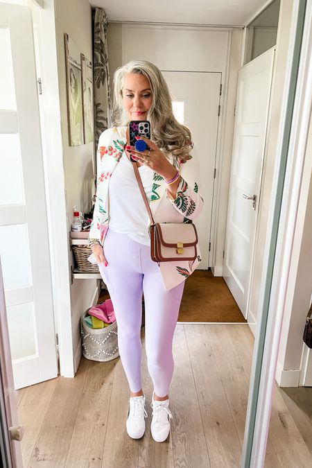 Ootd - Sunday. Lilac leggings with pockets from Maya Freya (can’t link), a white v-neck t-shirt under a citrus print blazer with a canvas crossbody bag that’s an exact dupe for the Celine one and white Puma sneakers. Heatless curls. 



#LTKmidsize #LTKover40 #LTKstyletip