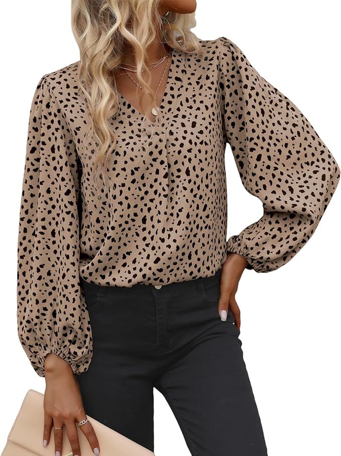 Long Sleeve Blouses for Women, Leopard Print Chiffon Tops V Neck Loose Business Shirts Casual Wor... | Amazon (US)