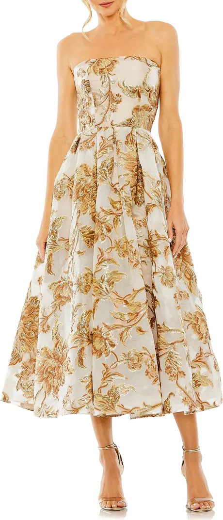 Mac Duggal Metallic Floral Brocade Strapless Cocktail Midi Dress | Nordstrom | Nordstrom