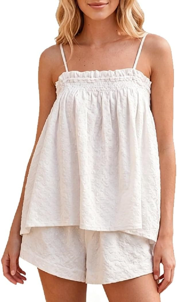 ROAONOCOMO Women Gingham 2 Piece Pajama Set Flowy Peplum Babydoll Cami Top Wide Leg Shorts Sets S... | Amazon (US)