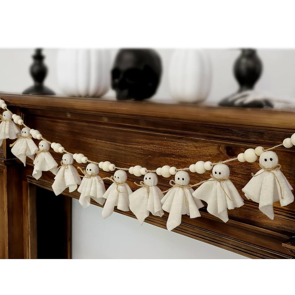 7Ft Cute Halloween Ghost with Wooden Beads Garlands, Handmade Rustic Halloween Banner for Wall Ho... | Amazon (US)
