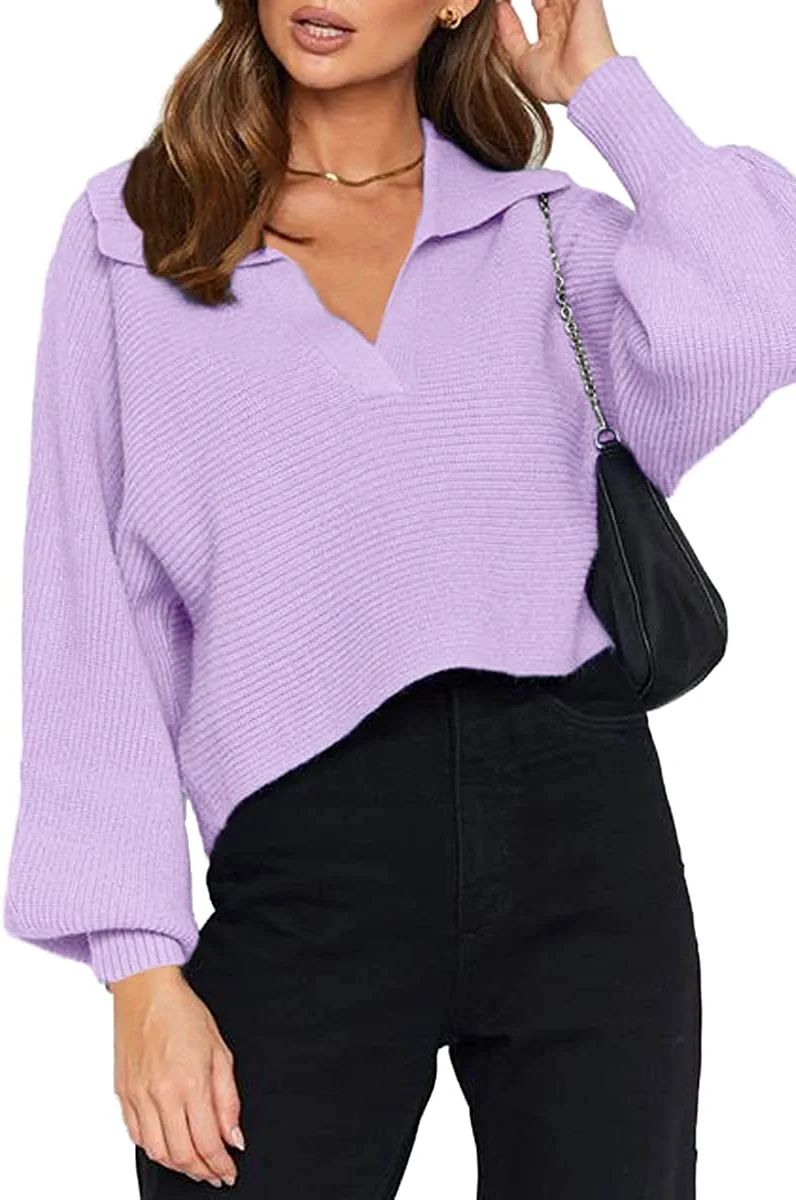 CHYRII Women Overized Puff Long Sleeve V Neck Knitted Polo Pullover Sweater Jumper Tops | Amazon (US)