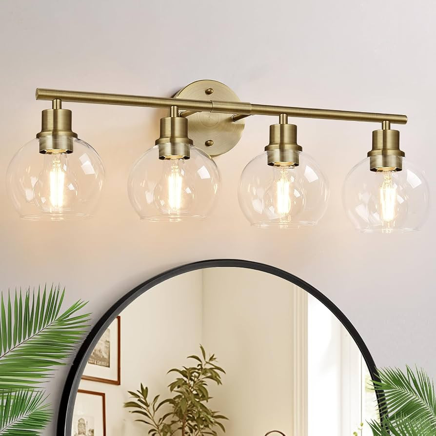 Indoi 4-Light Bathroom Light Fixtures, Brushed Brass Bathroom Lights Over Mirror with Clear Glass... | Amazon (US)