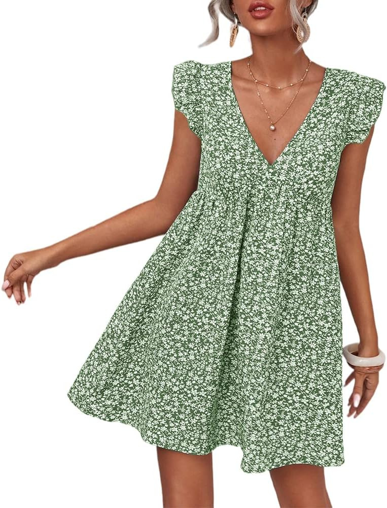Women Boho Floral Summer Dresses Casual Backless V Neck Mini Dress Ruffle Beach Sundress | Amazon (US)