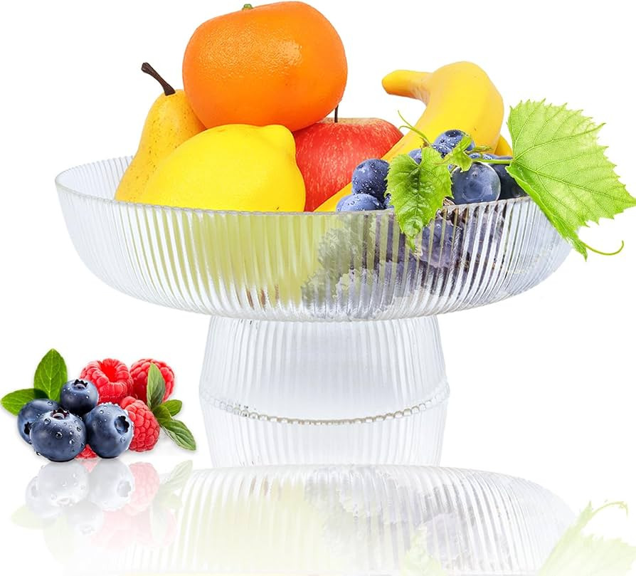 Glass Bowls, Large Glass Serving Bowl Vintage Fruit Bowl Ribbed Pedestal Bowl, Round Pedestal Bow... | Amazon (US)