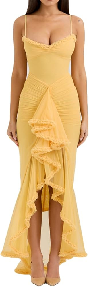 meilun Elegant Mesh Wedding Guest Dress Flowy Ruffle Bodycon Maxi Dress Fishtail Long Formal Dres... | Amazon (US)