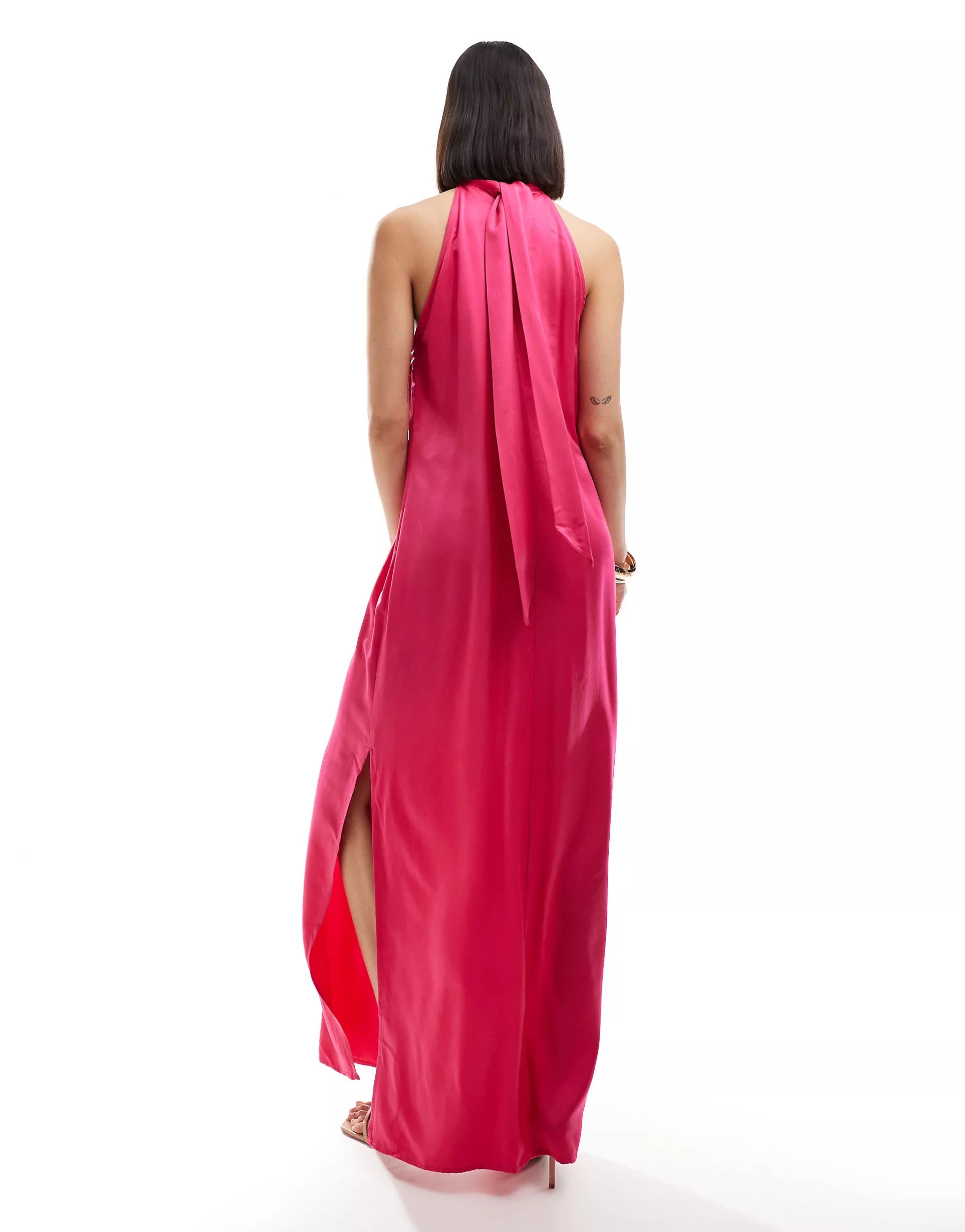 Vila halterneck maxi dress with tie neck in bright pink | ASOS (Global)