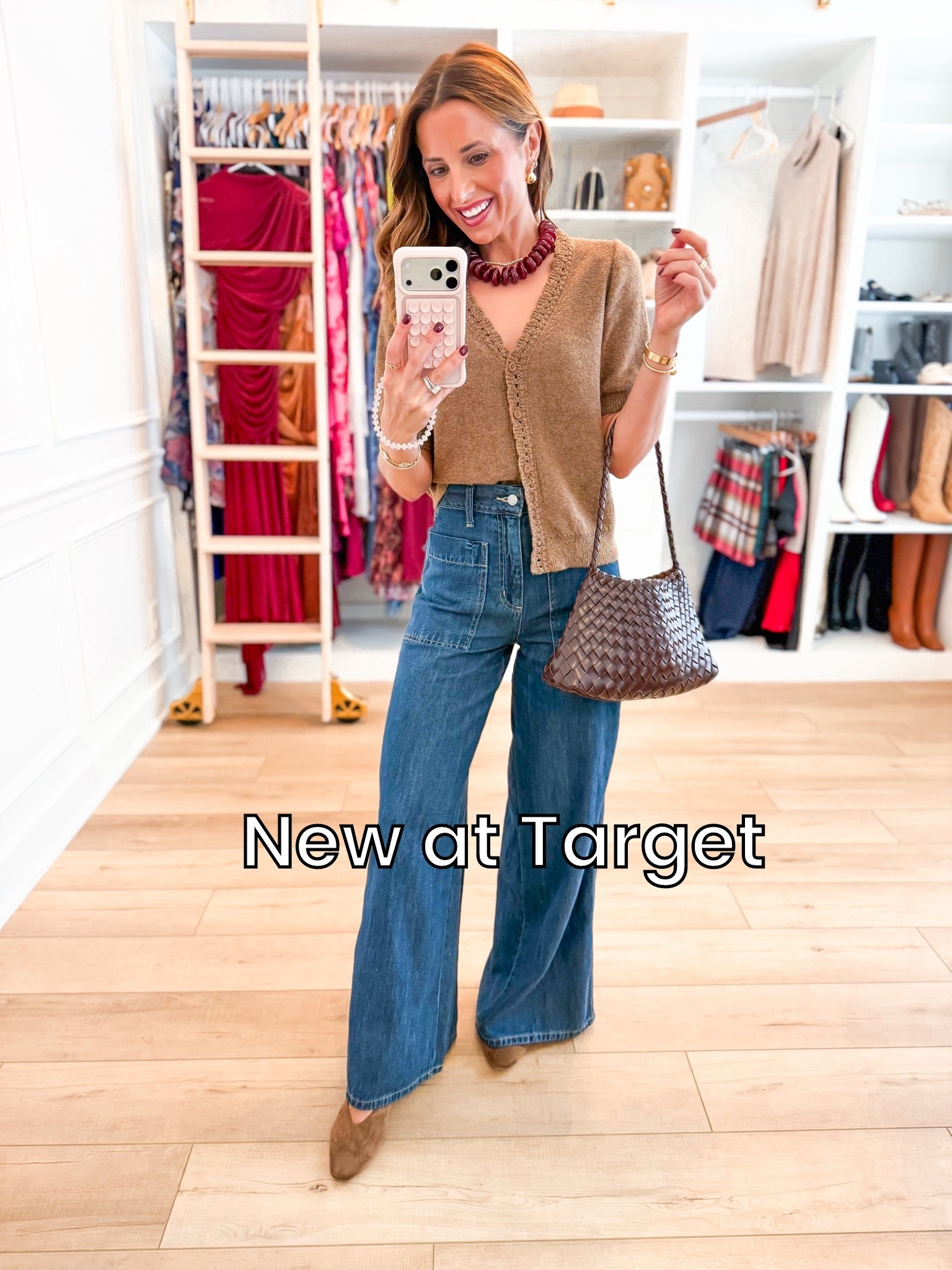 Elevated casual outfit. Everyday outfit. Fall outfit. Fall style. Mom outfit. New at Target! The palazzo style wide-leg jeans that are giving designer vibes! Wearing 00 regular - these are full length on me and I am 5’3. I grabbed the lighter wash, too! XS in short-sleeve cardigan. Mules are TTS and super comfy. Beaded necklace. Braided purse.

#LTKootd #LTKgrwm #LTKPetite
