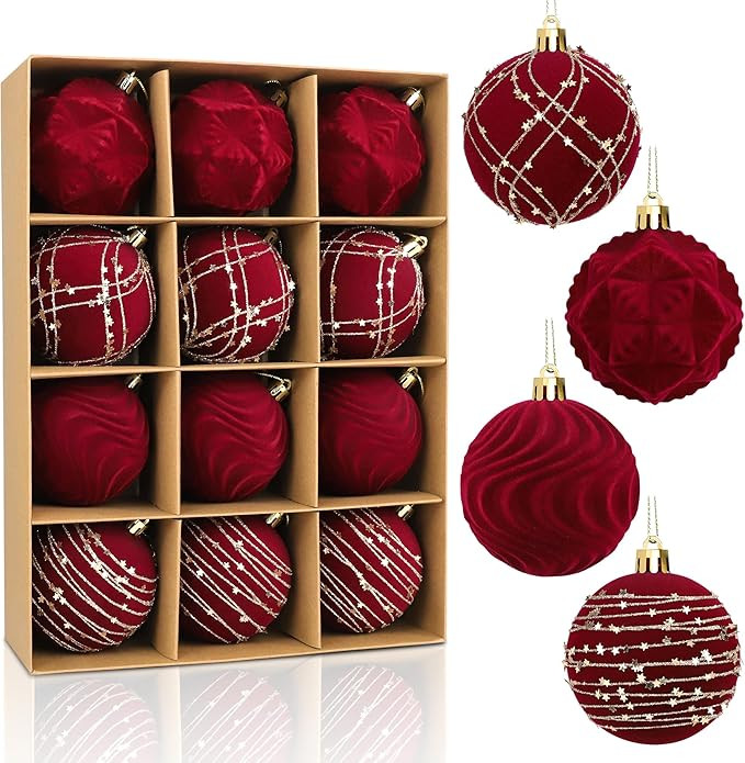 Tifeson 12pcs Velvet Christmas Balls Burgundy 3.15inch Flocked Shatterproof Hanging Ball Ornament... | Amazon (US)
