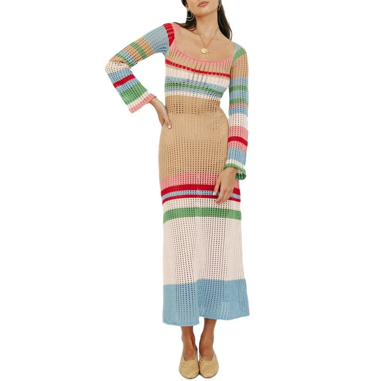 Women Knitted Crochet Dress Sexy Hollow Out Rainbow Color Block Slim Fit Party Straight Dress | Walmart (US)