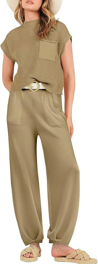 ANRABESS Women's Two Piece Outfits Sweater Sets Knit Pullover Tops and High Waisted Pants Tracksu... | Amazon (US)