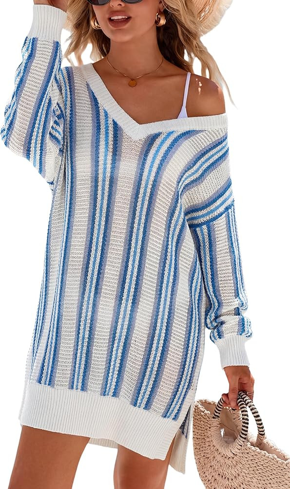 Arach&Cloz Women's Linen Blend Summer Swim Suit Cover Up V Neck Crochet Dress Striped Beach Vacat... | Amazon (US)