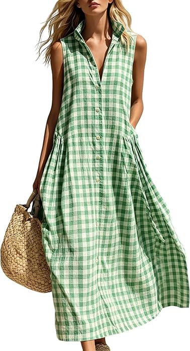 chouyatou Women's Sleeveless Plaid Cotton Dress Lapel Button Front Gingham Long Shirt Dress with ... | Amazon (US)