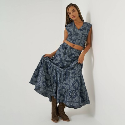 Wrangler Women's Denim Tiered Paisley Maxi Skirt - Blue XL | Target