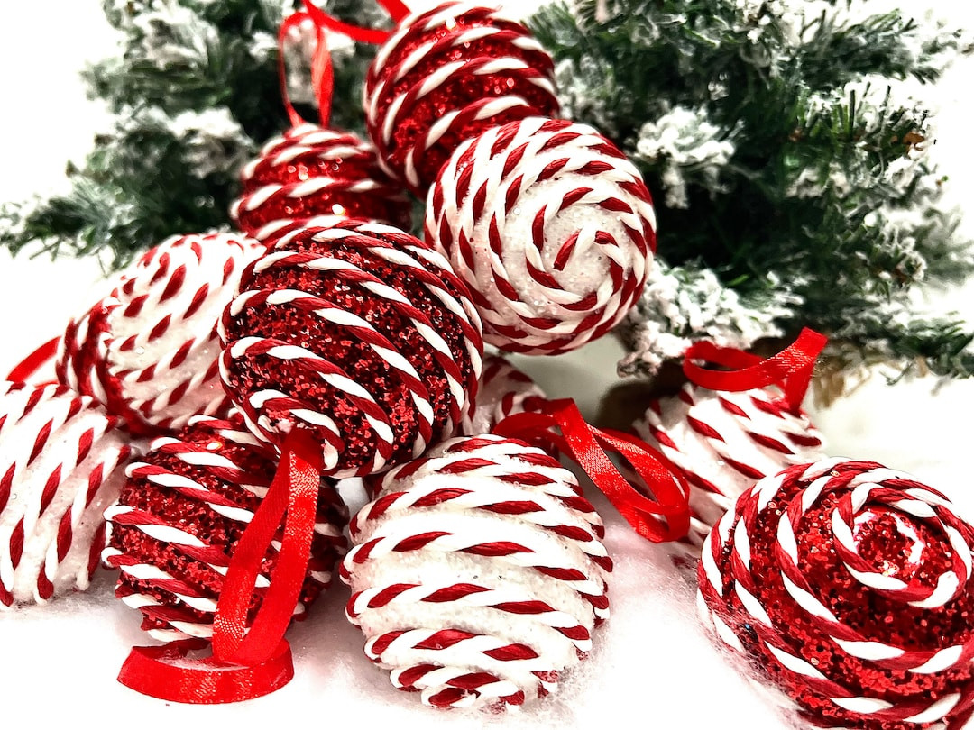 Red and White Striped Peppermint Candy Glitter Christmas Ornaments, 12 Pieces - Etsy | Etsy (US)
