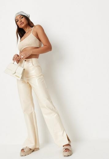 Cream Crinkle Vinyl Straight Leg Pants | Missguided (US & CA)