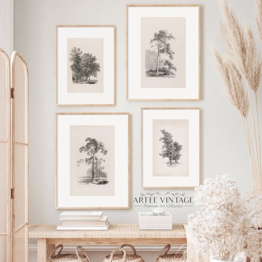 Antique Neutral Gallery Wall Tree Sketches Set of 4 Prints | Vintage Botanical Wall Art Gallery E... | Etsy (US)