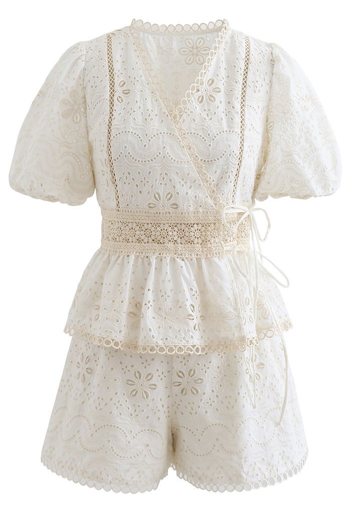 Stunning Eyelet Embroidered Wrap Top and Shorts Set in Cream | Chicwish