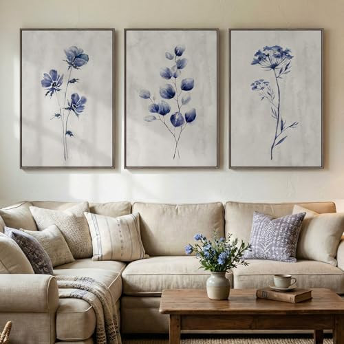Framed Boho Floral Wall Art for Living Room, 3 Piece Blue Minimalist Botanical Canvas Painting Prints, Modern Rustic Watercolor Flower Plants Artwork for Bedroom Dining Room Office Wall decor, 24x36 | Amazon (US)