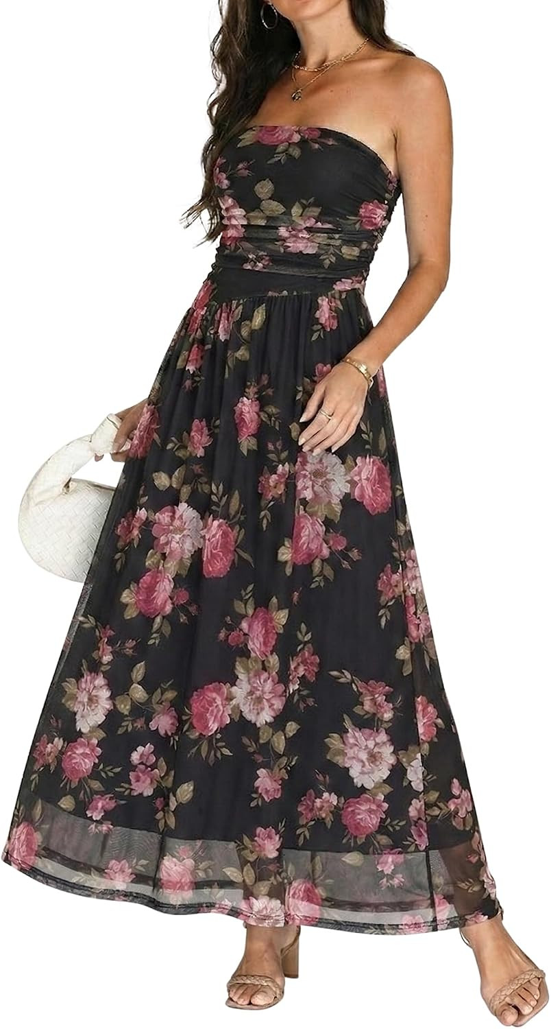 Floral Wedding Guest Dresses for Women Mesh Long Flowy Formal Dress | Amazon (US)