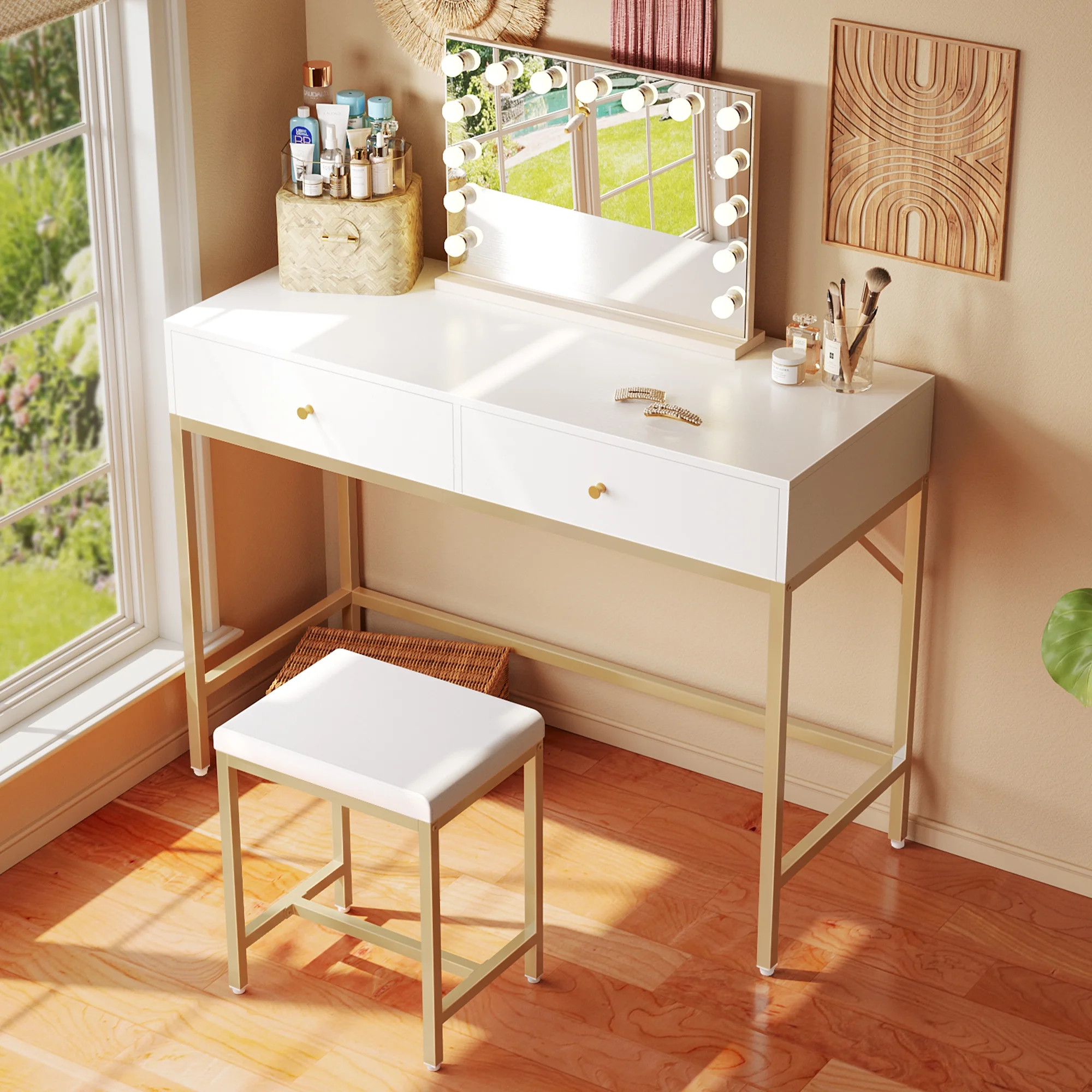 Computer Desk with 2 Drawers, Modern Vanity Desk with Padded Stool, 35.4" White and Gold Desk, Ho... | Walmart (US)