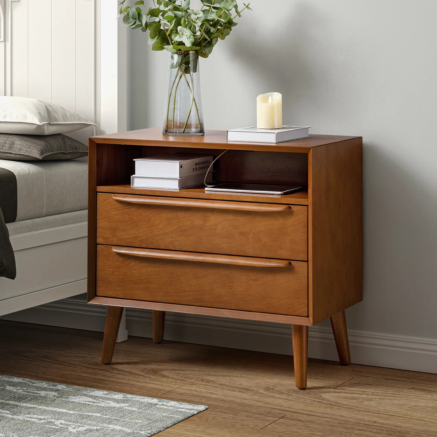 Wade Logan® Aviannah Midcentury Modern 2 - Drawer Nightstand with Built-In Charging Station and ... | Wayfair North America