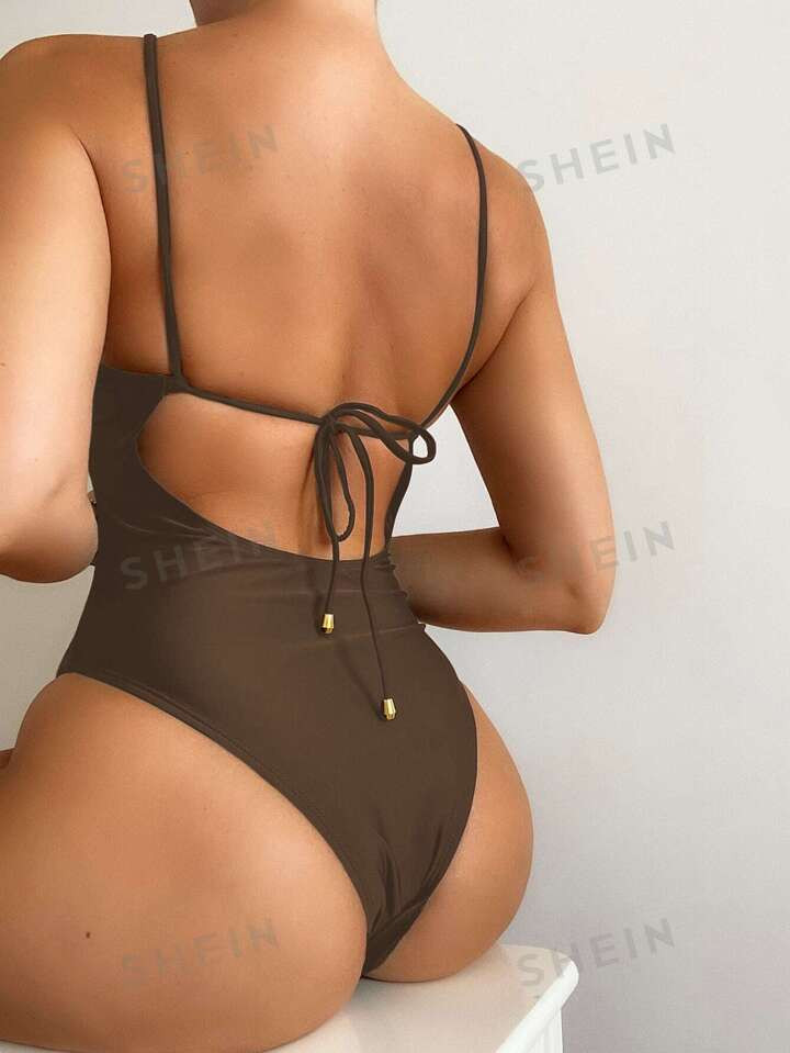 SHEIN Swim Summer Beach Plain Tie Back One-Piece Swimsuit Bathing Suit | SHEIN | SHEIN