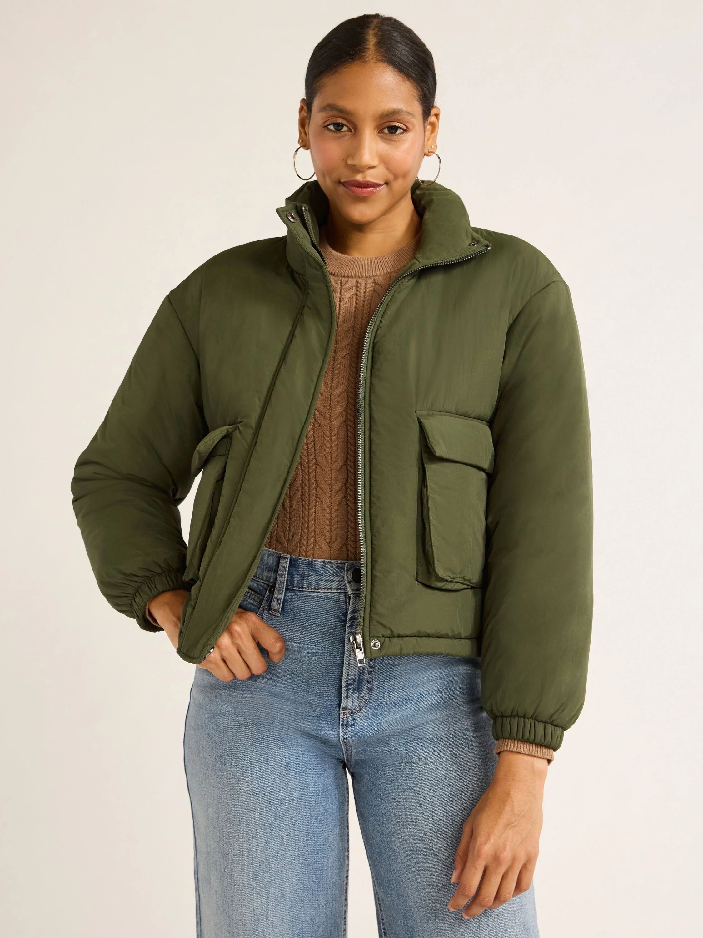 Scoop Women's Cargo Puffer Jacket, Midweight, Sizes XS-XXL | Walmart (US)