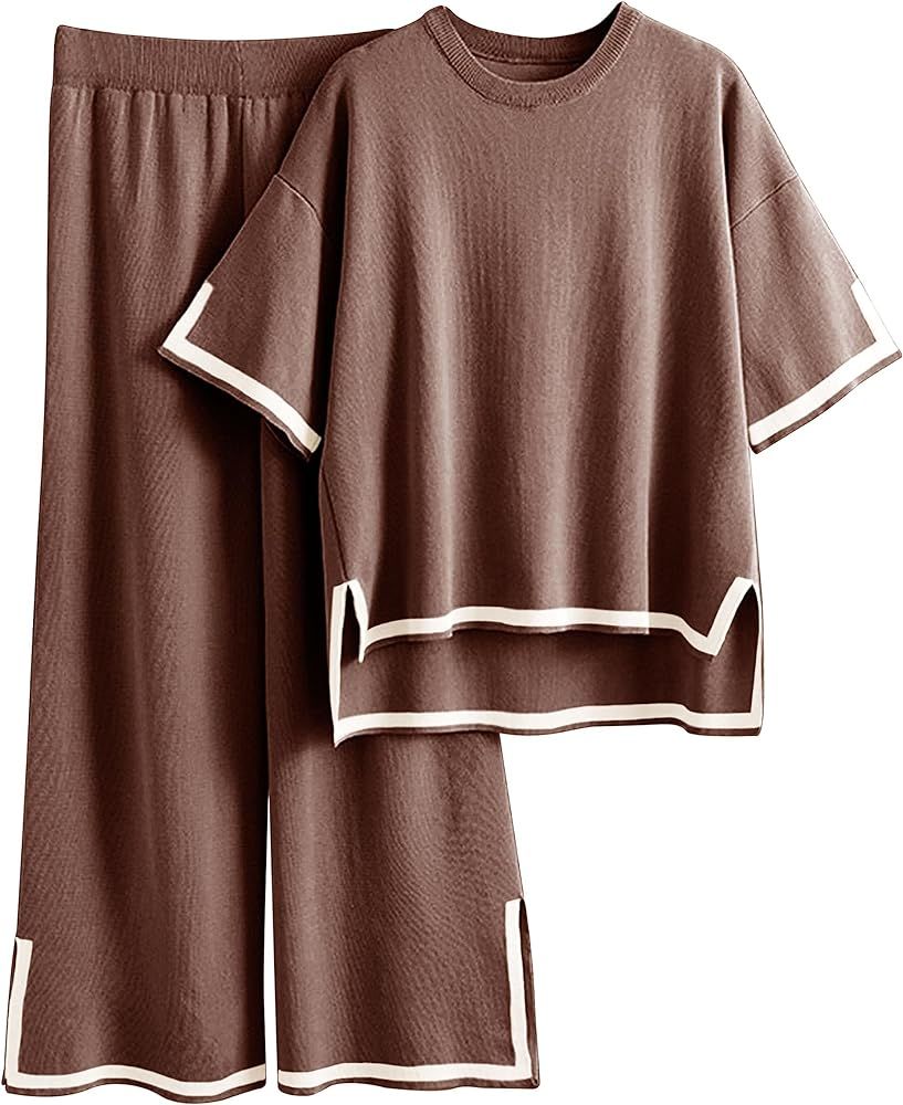 Sweater Sets Women 2 Piece Lounge Sets Short Sleeve Knit Pullover Tops Wide Leg Pants | Amazon (US)