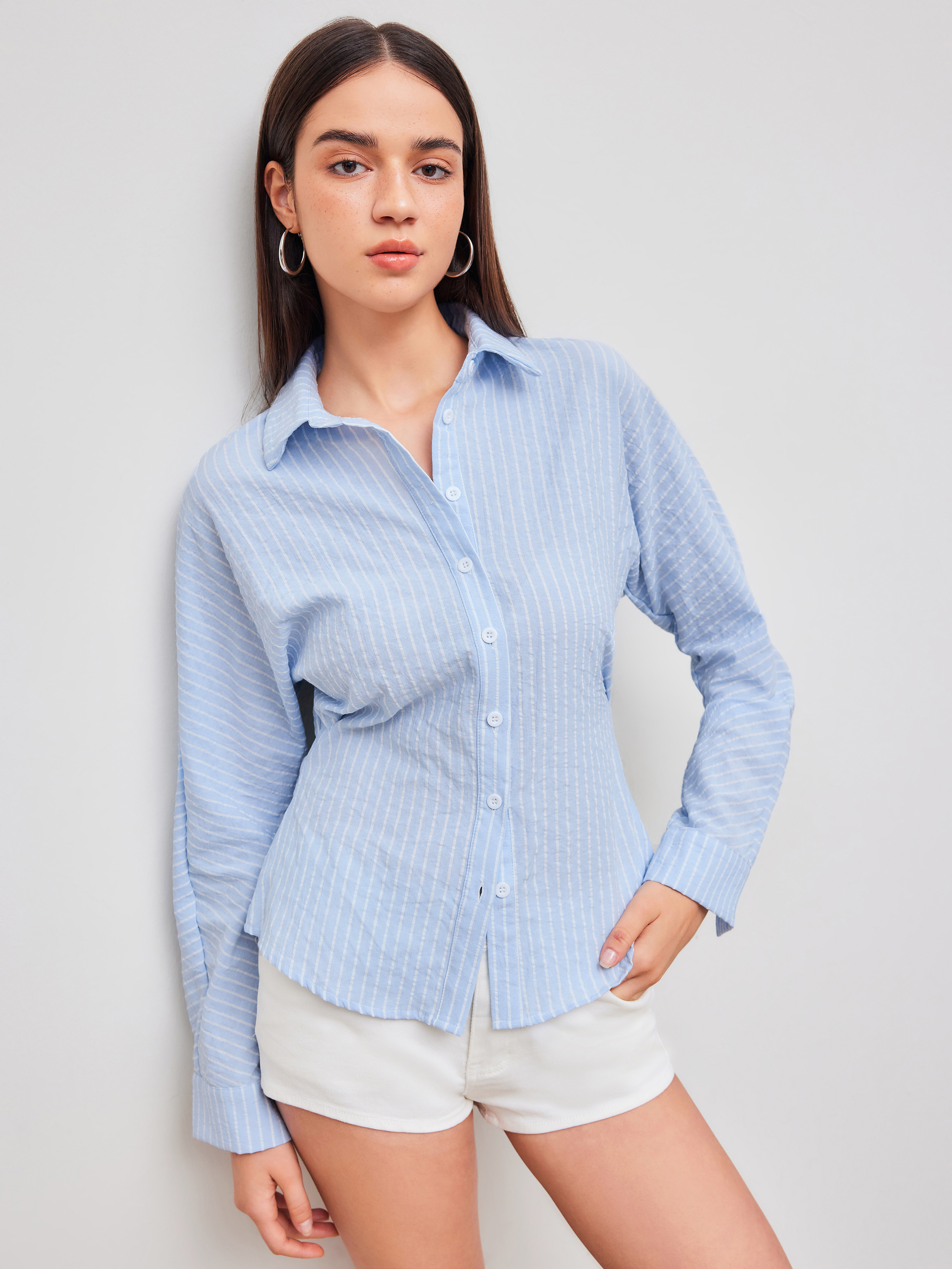 Woven Collar Striped Long Sleeve Shirt For Work | Cider