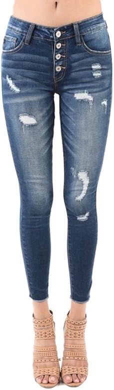 KanCan Sharon-Adradne Button Fly Mid Rise Distressed Ripped Ankle Skinny Jeans | Amazon (US)