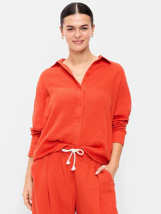 Open-Back Crinkle Gauze Button-Down Shirt | Old Navy (US)