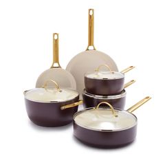 Reserve Ceramic Nonstick 10-Piece Cookware Set | Merlot with Gold-Tone Handles | GreenPan