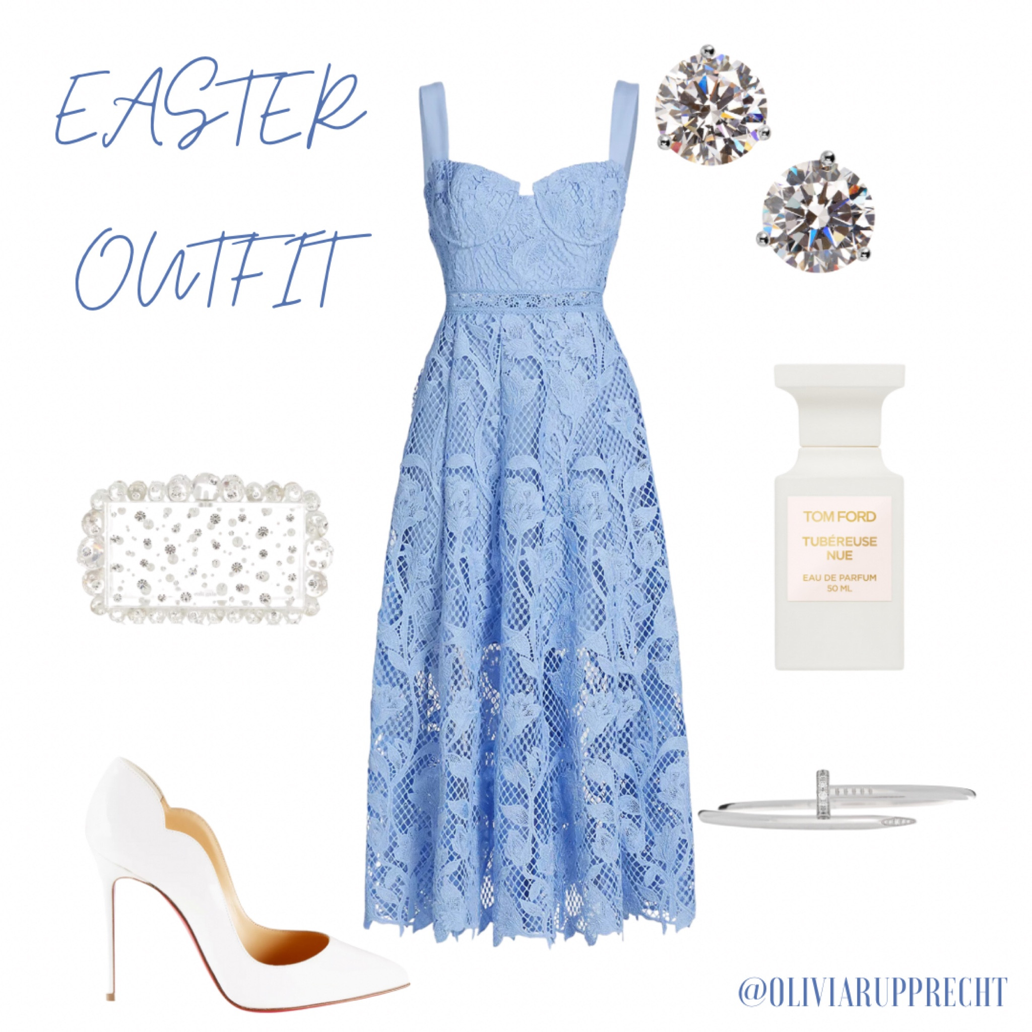 Easter outfit | dress | heels | perfume | bracelet | jewelry | earrings | clutch | purse | sliver | white | blue | fashion | style | trend | 

#LTKshoecrush #LTKU #LTKstyletip