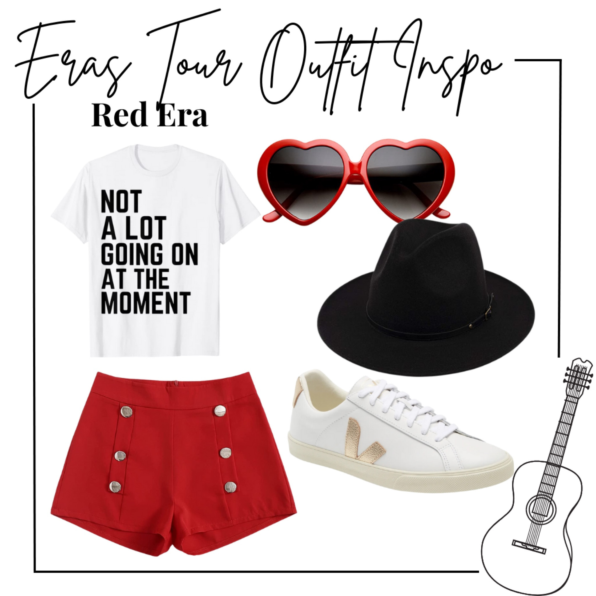 Taylor swift eras tour Outfit inspo - red era - not a lot going on at the moment shirt, red heart sunglasses, red sailor high waisted shorts, black fedora/hat, Veja white sneakers 
.
Concert Outfit, casual outfit, amazon finds, Nordstrom, ootd 

#LTKunder50 #LTKshoecrush #LTKFind