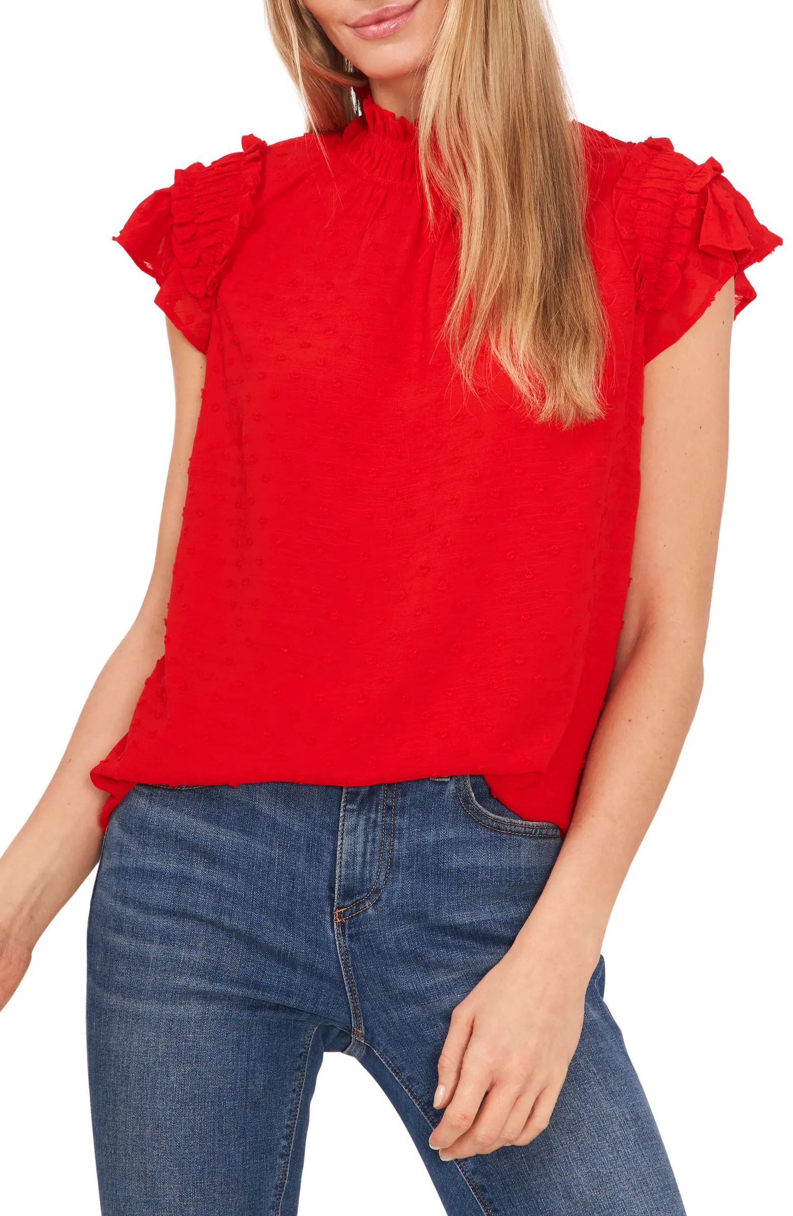 Clip Dot Ruffle Mock Neck Crepe Top | Nordstrom