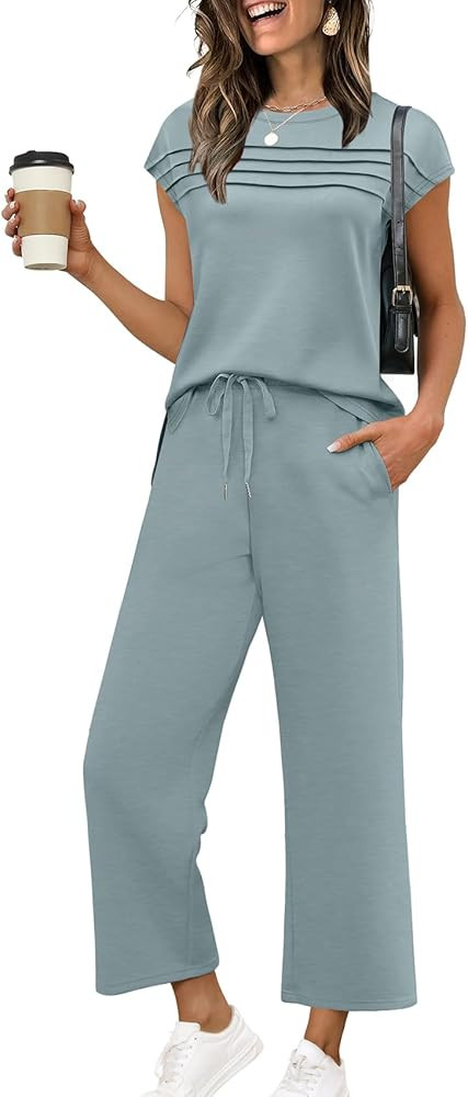 WIHOLL Two Piece Sets for Women Summer Travel Vacation Outfits Cap Sleeve Lounge Matching Sets Wi... | Amazon (US)